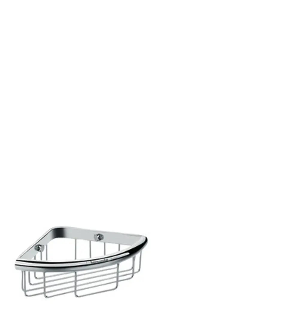 Hansgrohe Seifenkorb mit dreieckiger Form und offenem Gitterdesign, gefertigt aus verchromtem Material. Befestigungselemente sichtbar.